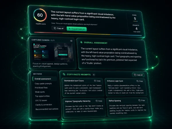 VibeSnapper dashboard showing a review with prioritized fixes and copy-paste prompts